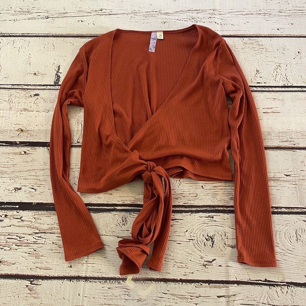 Alya Womens Size Medium Orange Ribbed Wrap Long Sleep Crop Top Made In USA